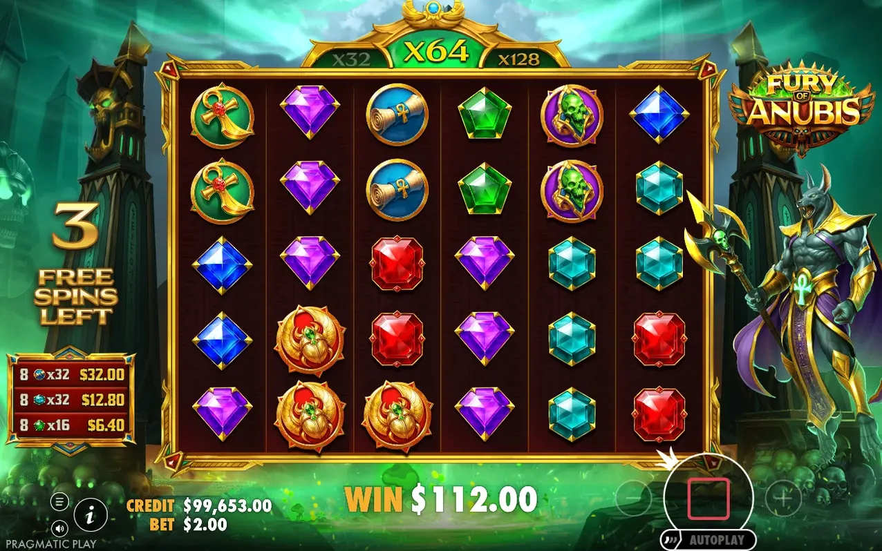 Free spins grid with X64 active multiplier, 3 Free Spins Left and $112.00 win displayed.