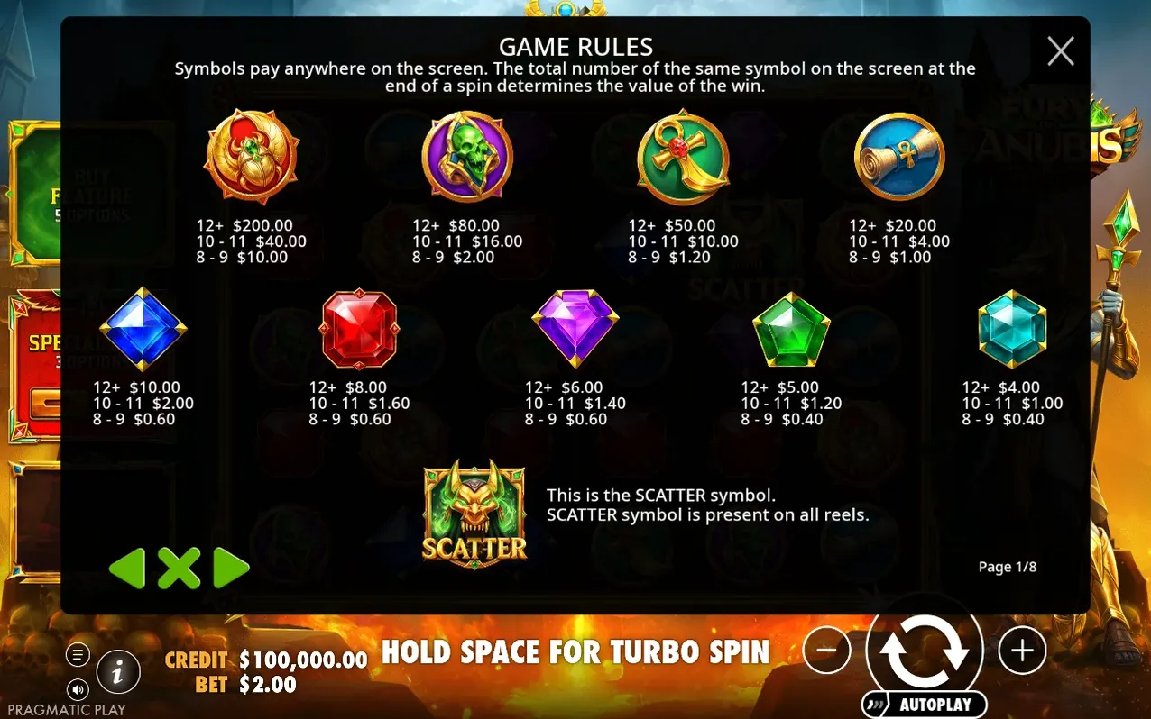 Game rules paytable lists payouts for scarab, skull, ankh, scroll and five gem symbols plus scatter.