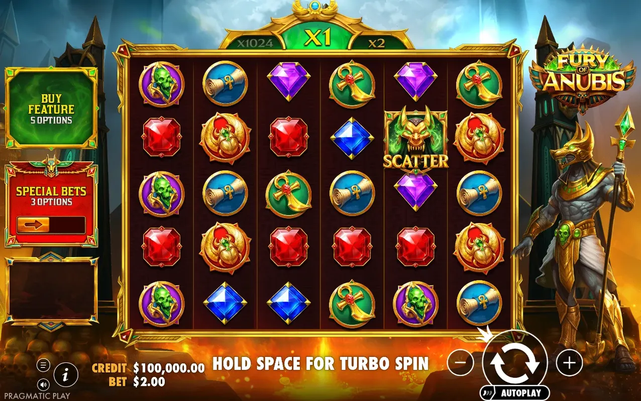 Base game reels at X1 multiplier show a SCATTER symbol among gems and skull medallions.