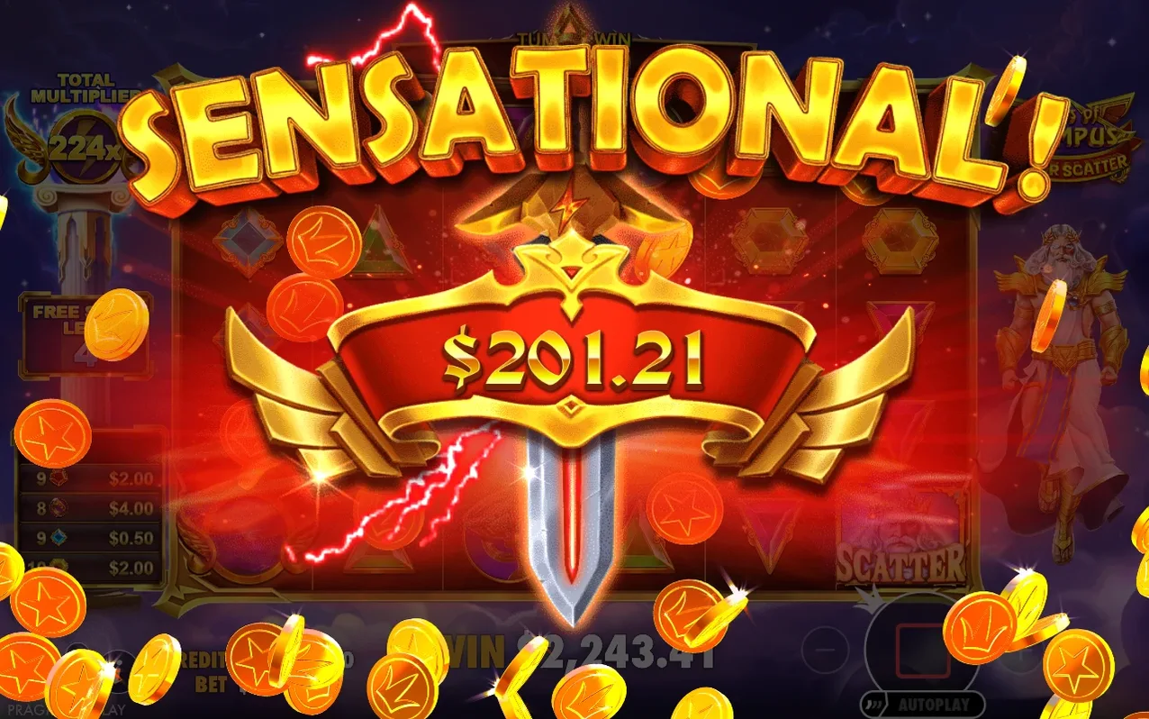 SENSATIONAL-vinst $201.21 under Super Free Spins, Total Multiplier 224x på guldpelaren till vänster.