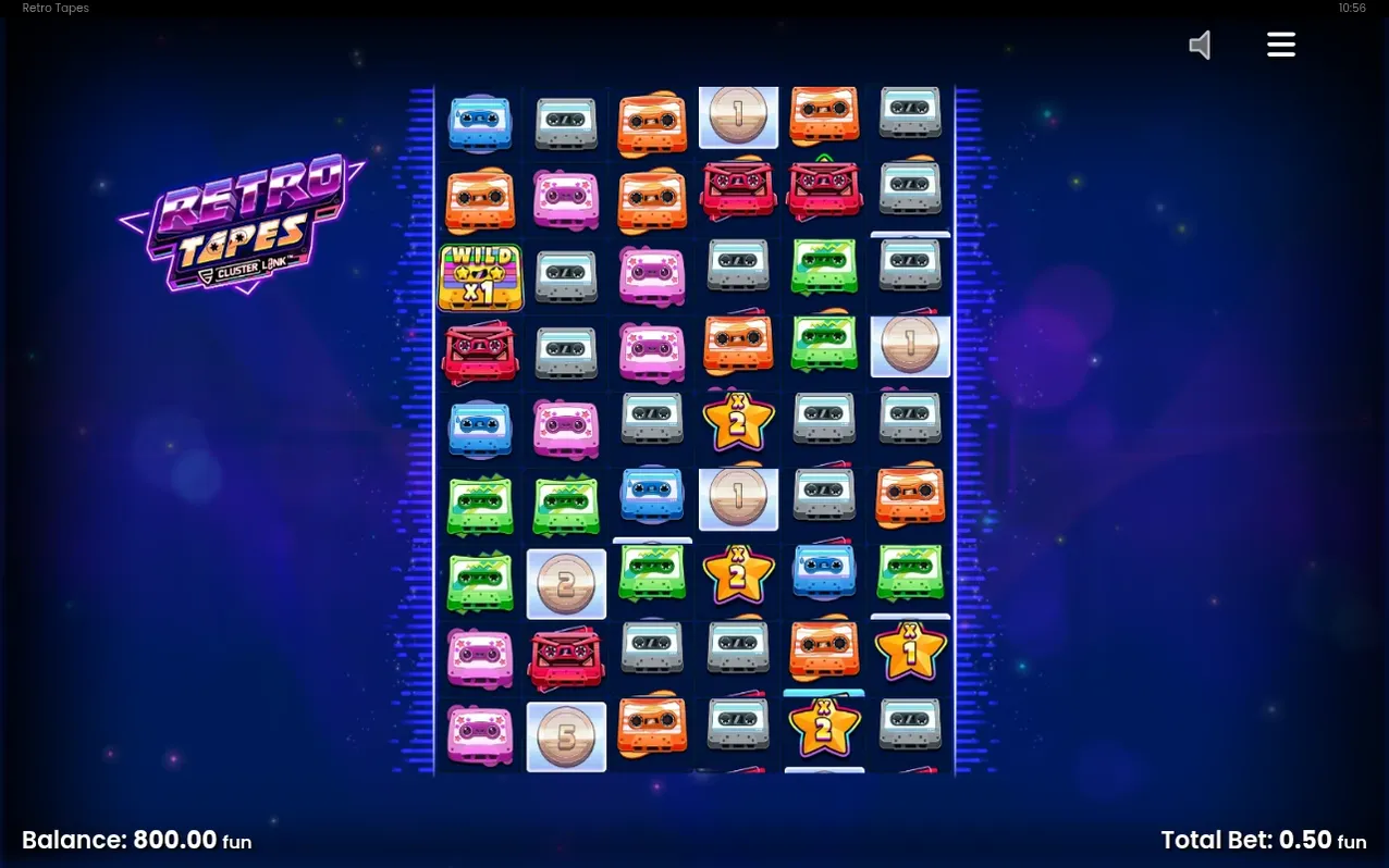 Fullt rutnät med kassettsymboler i flera färger, en Wild x1 och två Star x2-symboler, saldo 800,00 fun.