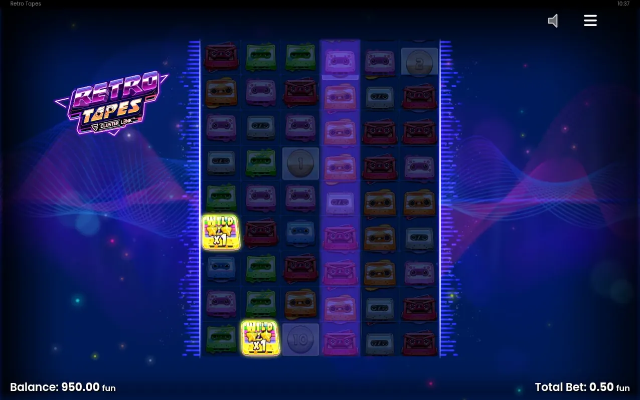 Rutnät med kassettsymboler och två gula Wild x1-stjärnor, saldo 950,00 fun, insats 0,50 fun.