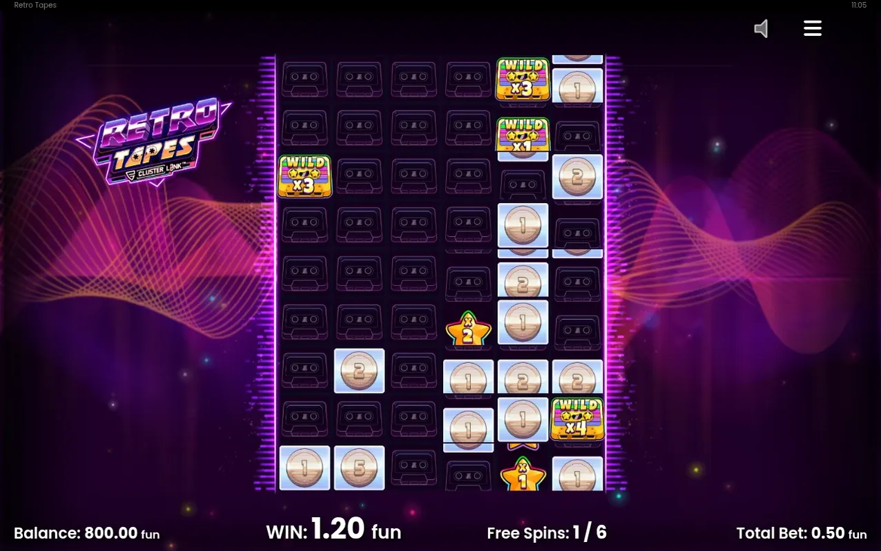 Free spins-rutnät med Wild x3, x1 och x4-stjärnor samt myntsymboler, vinst 1,20 fun, Free Spins: 1 / 6.