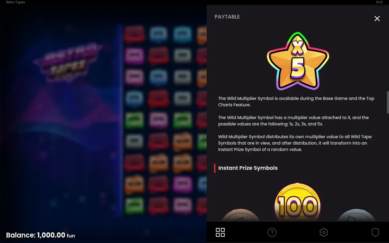 Paytable-ruta visar Wild Multiplier Symbol som en gyllene stjärna märkt X5, och starten på Instant Prize Symbols.