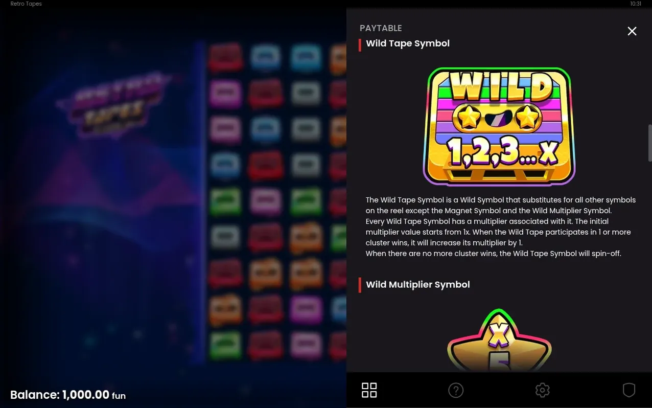 Paytable-ruta visar Wild Tape Symbol-ikonen WILD 1,2,3...x samt rubriken Wild Multiplier Symbol.