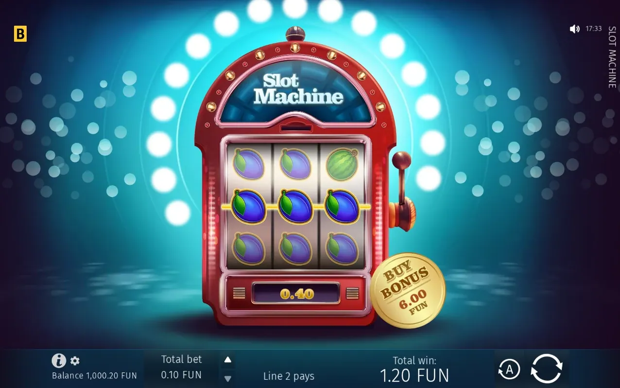 Röd spelautomat med tre blåplommon i mittraden, vinst 1.20 FUN vid insats 0.10 FUN.