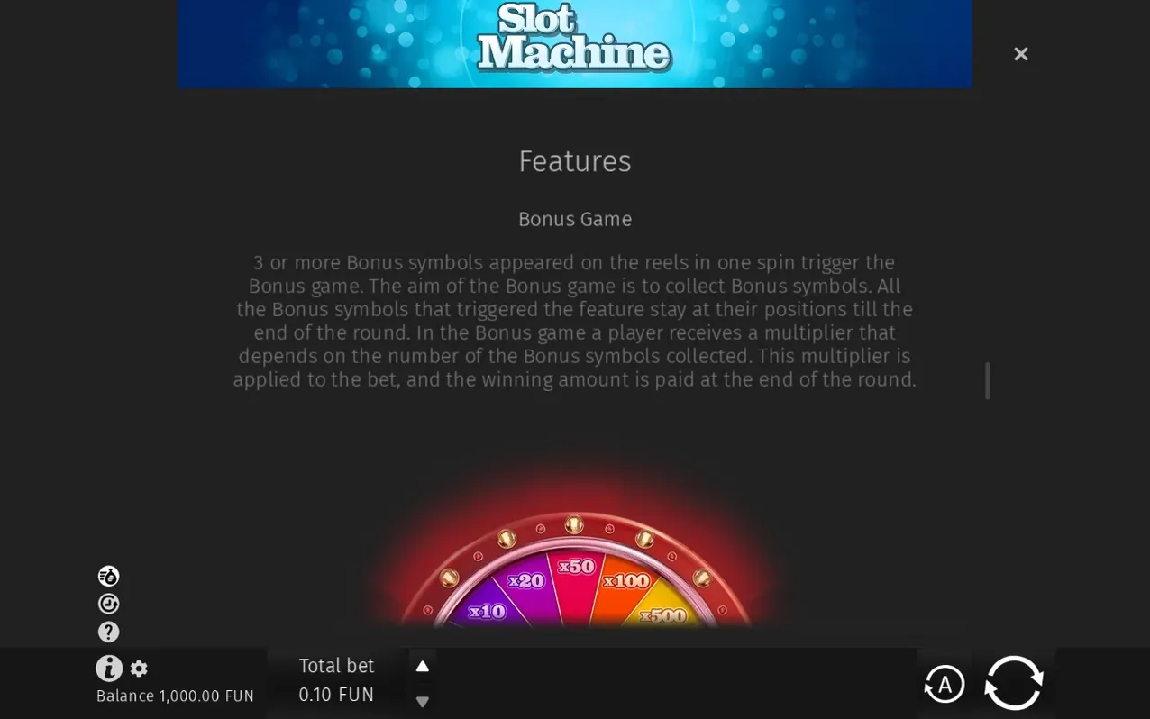 Hjälptexten om Bonus Game ovanför det delvis synliga bonushjulet med gula multiplikatorer.