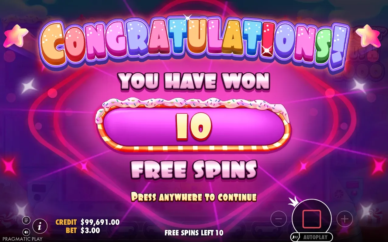 Vinstskärmen Congratulations visar 10 vunna free spins, kredit $99,691.00, insats $3.00.