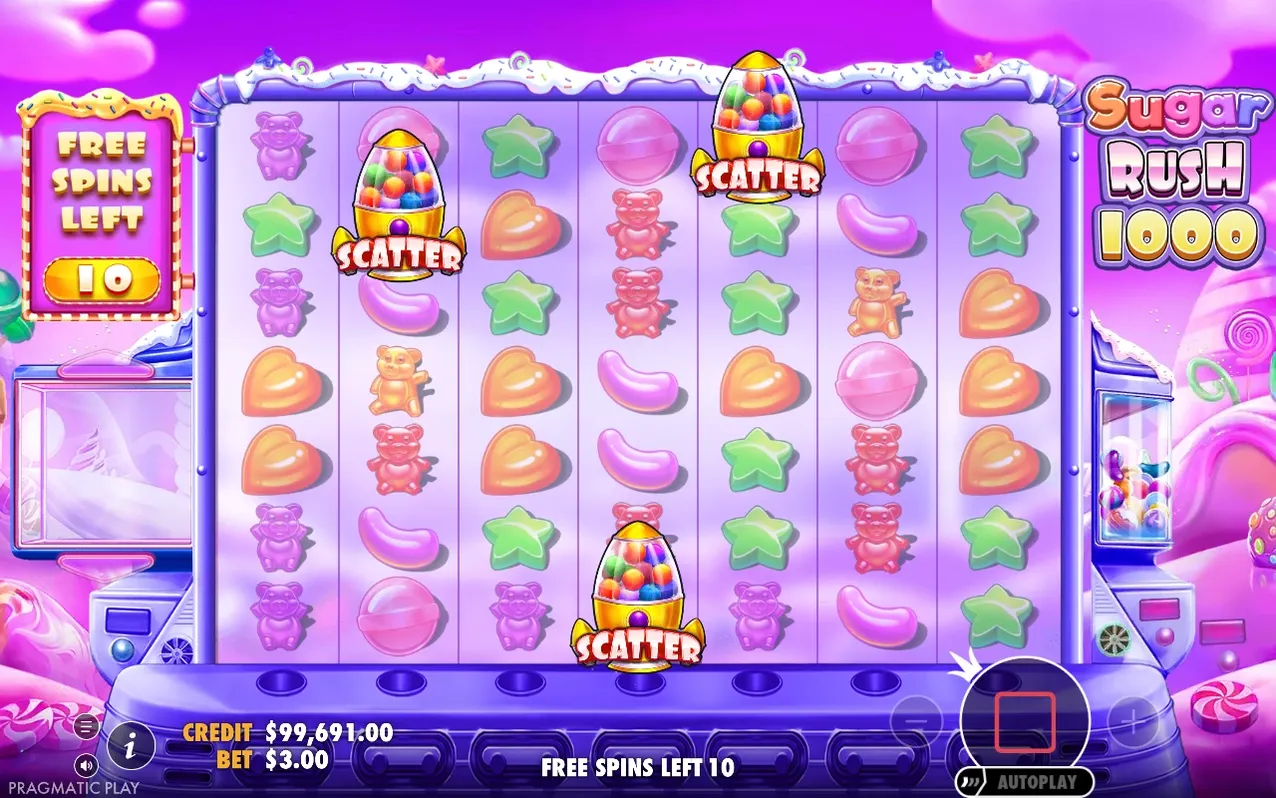 Lila free spins-rutnät med tre scatter-symboler, FREE SPINS LEFT 10, insats $3.00.