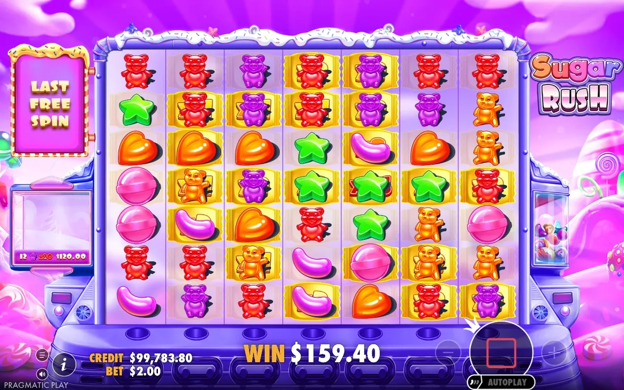 Sista free spin, 12 lila björnar med x20-multiplikator, WIN $159.40, CREDIT $99,783.80.